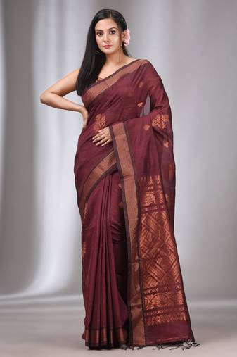 Maroon Silk Matka Handwoven Saree With Stripes Zari Border