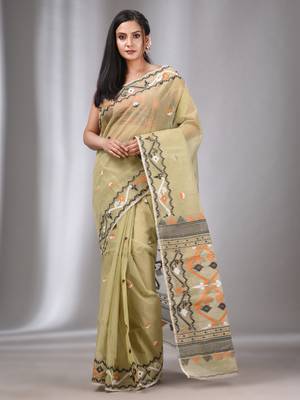 Ecru Silk Cotton Handwoven Soft Jamdani Saree Without Blouse 1