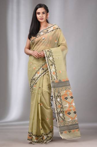 Ecru Silk Cotton Handwoven Soft Jamdani Saree Without Blouse