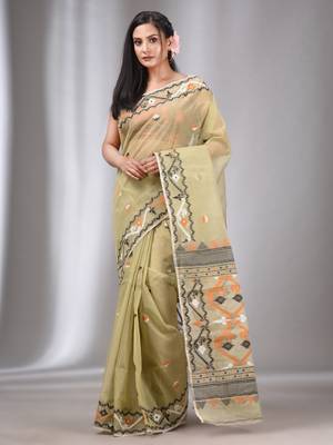 Ecru Silk Cotton Handwoven Soft Jamdani Saree Without Blouse 2
