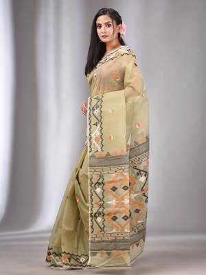 Ecru Silk Cotton Handwoven Soft Jamdani Saree Without Blouse 3