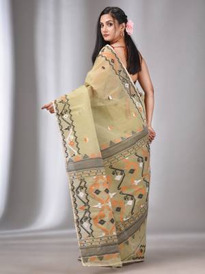 Ecru Silk Cotton Handwoven Soft Jamdani Saree Without Blouse 4