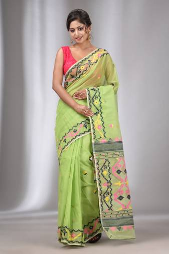 Light Green Silk Cotton Handwoven Soft Jamdani Saree Without Blouse