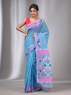 Sky Blue Silk Cotton Handwoven Soft Jamdani Saree Without Blouse 1