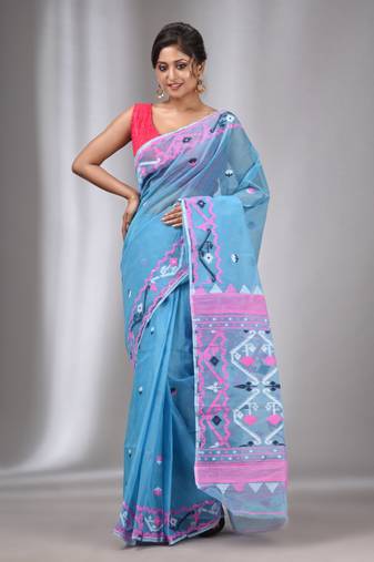 Sky Blue Silk Cotton Handwoven Soft Jamdani Saree Without Blouse