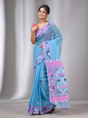 Sky Blue Silk Cotton Handwoven Soft Jamdani Saree Without Blouse 2