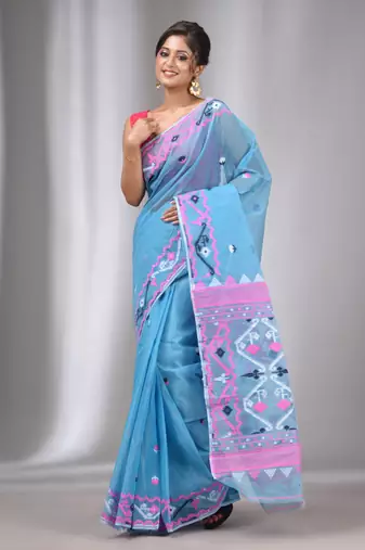 Sky Blue Silk Cotton Handwoven Soft Jamdani Saree Without Blouse