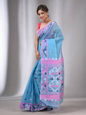 Sky Blue Silk Cotton Handwoven Soft Jamdani Saree Without Blouse 3