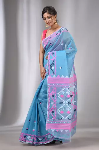 Sky Blue Silk Cotton Handwoven Soft Jamdani Saree Without Blouse