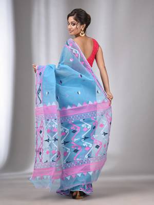 Sky Blue Silk Cotton Handwoven Soft Jamdani Saree Without Blouse 4