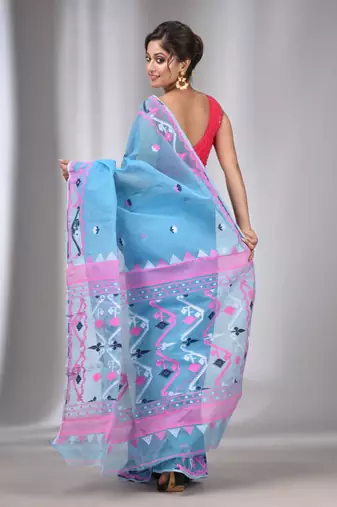 Sky Blue Silk Cotton Handwoven Soft Jamdani Saree Without Blouse