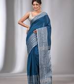 Teal Blue Cotton Handwoven Soft Saree With Nakshi Border