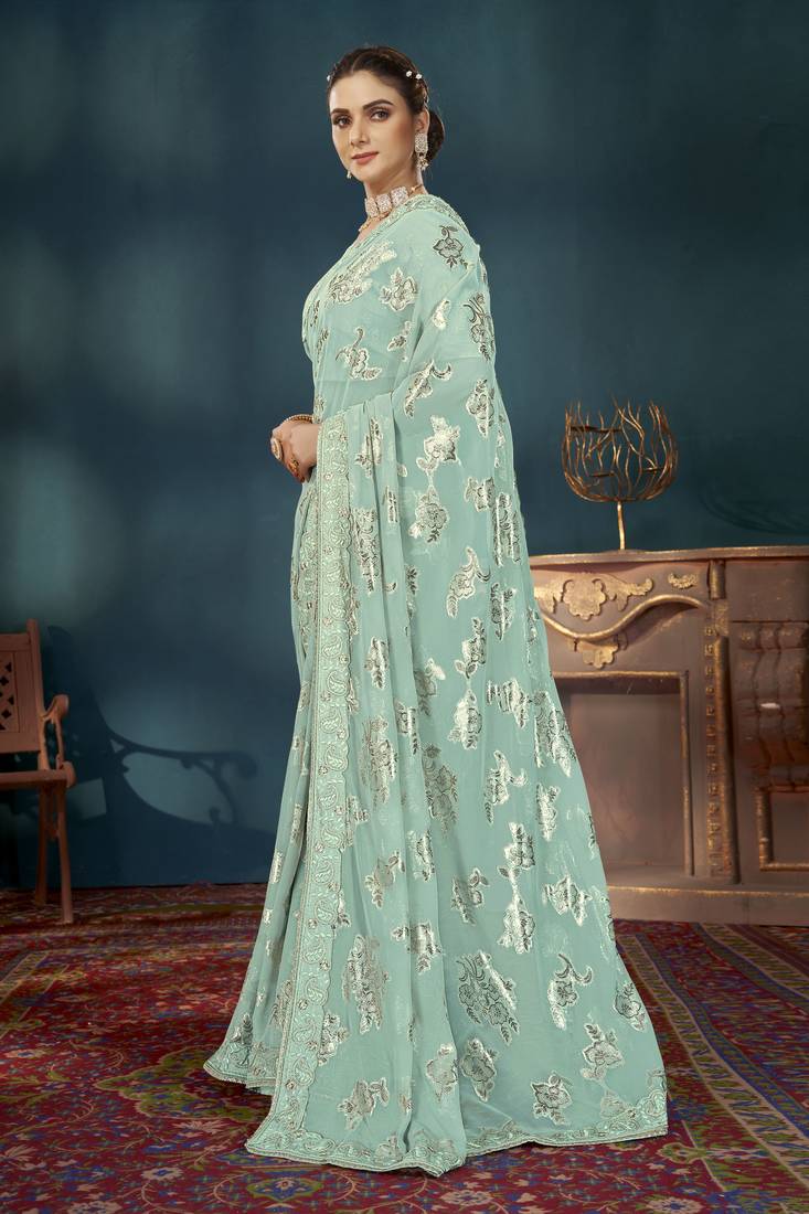 Manohari traditioal light blue georgette patch work saree for women with unstitch blouse piece