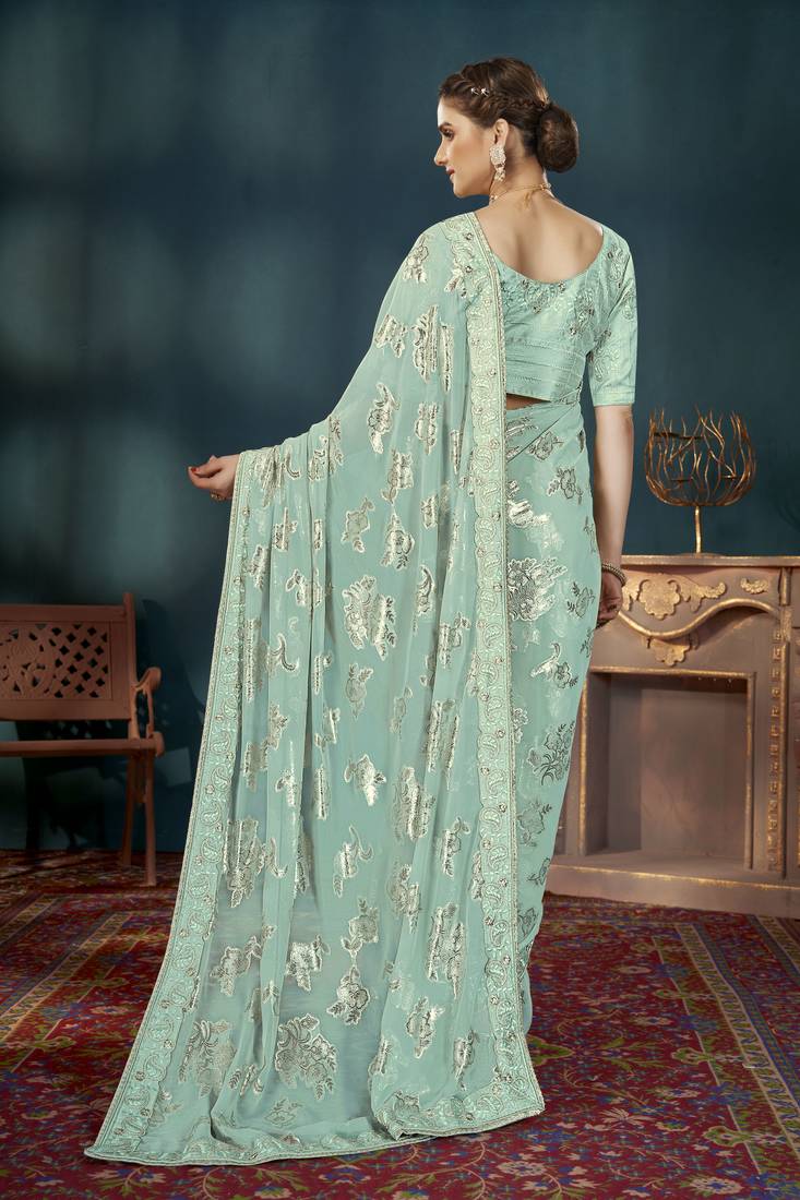 Manohari traditioal light blue georgette patch work saree for women with unstitch blouse piece