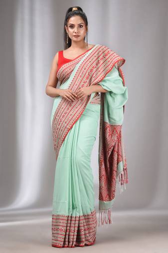 Mint Green Cotton Handwoven Soft Saree With Nakshi Border