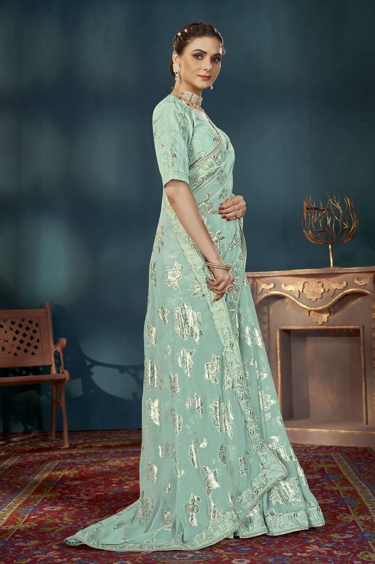 Manohari traditioal light blue georgette patch work saree for women with unstitch blouse piece