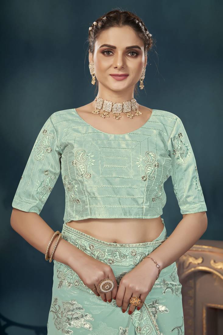 Manohari traditioal light blue georgette patch work saree for women with unstitch blouse piece