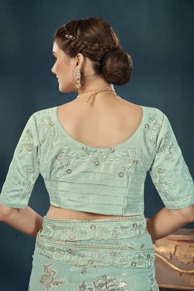 Manohari traditioal light blue georgette patch work saree for women with unstitch blouse piece