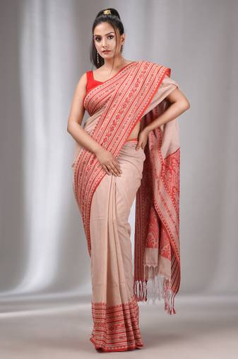 Beige Cotton Handwoven Soft Saree With Nakshi Border