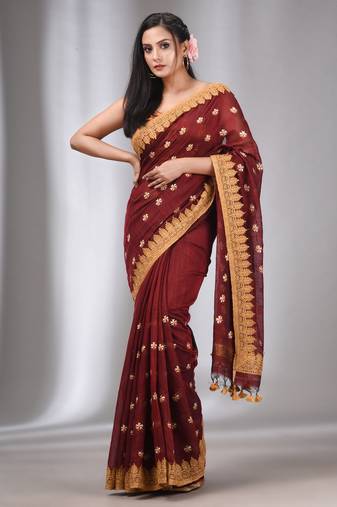 Maroon Blended Cotton Handwoven Saree With Flower Motifs