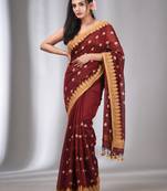 Maroon Blended Cotton Handwoven Saree With Flower Motifs
