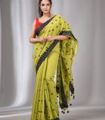 Lime Green Blended Cotton Handwoven Saree With Flower Motifs