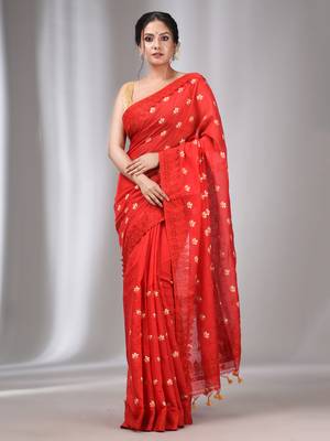 Red Blended Cotton Handwoven Saree With Flower Motifs 1