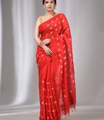 Red Blended Cotton Handwoven Saree With Flower Motifs