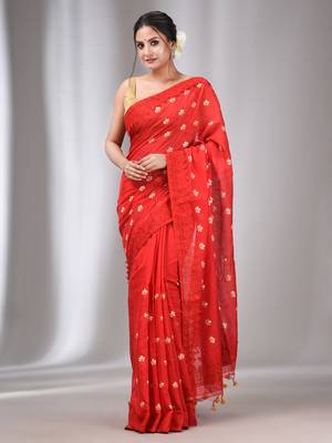 Red Blended Cotton Handwoven Saree With Flower Motifs 2