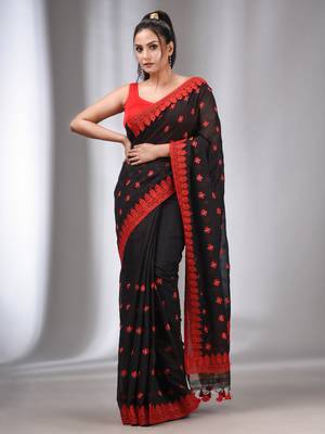 Black Blended Cotton Handwoven Saree With Flower Motifs 1