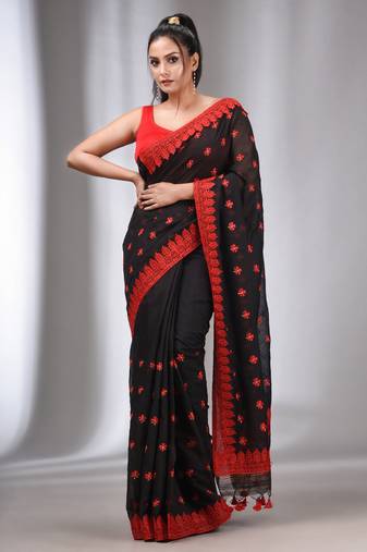 Black Blended Cotton Handwoven Saree With Flower Motifs