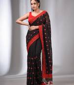 Black Blended Cotton Handwoven Saree With Flower Motifs