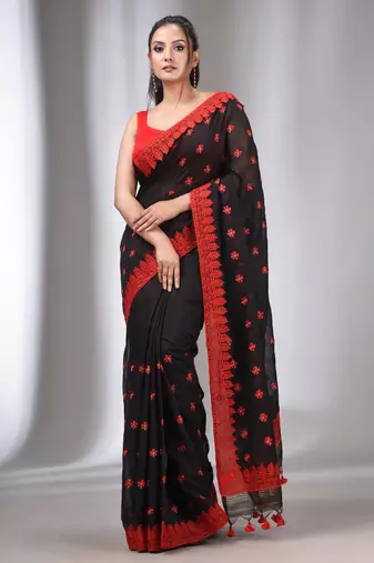 Black Blended Cotton Handwoven Saree With Flower Motifs