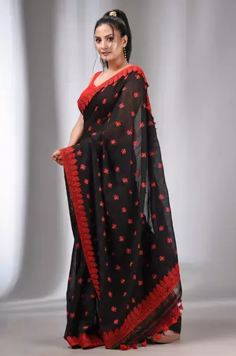Black Blended Cotton Handwoven Saree With Flower Motifs