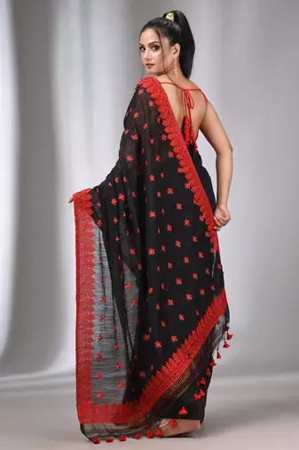 Black Blended Cotton Handwoven Saree With Flower Motifs