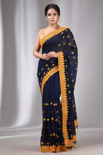 Navy Blue Blended Cotton Handwoven Saree With Flower Motifs