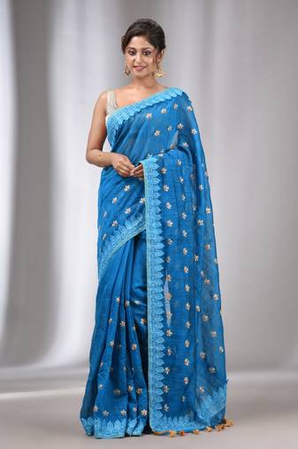 Teal Blue Blended Cotton Handwoven Saree With Flower Motifs
