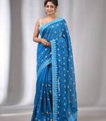 Teal Blue Blended Cotton Handwoven Saree With Flower Motifs