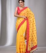 Yellow Blended Cotton Handwoven Saree With Flower Motifs
