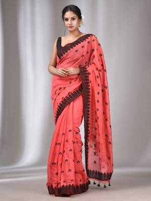 Salmon Red Blended Cotton Handwoven Saree With Flower Motifs 1