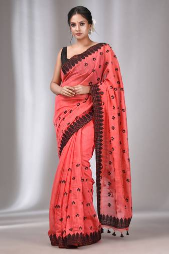 Salmon Red Blended Cotton Handwoven Saree With Flower Motifs