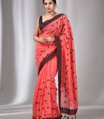 Salmon Red Blended Cotton Handwoven Saree With Flower Motifs
