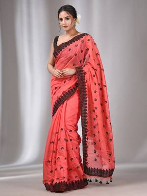 Salmon Red Blended Cotton Handwoven Saree With Flower Motifs 2