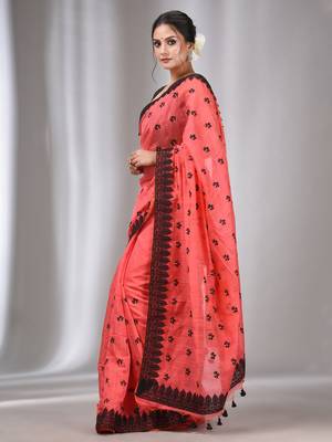 Salmon Red Blended Cotton Handwoven Saree With Flower Motifs 3