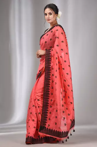 Salmon Red Blended Cotton Handwoven Saree With Flower Motifs