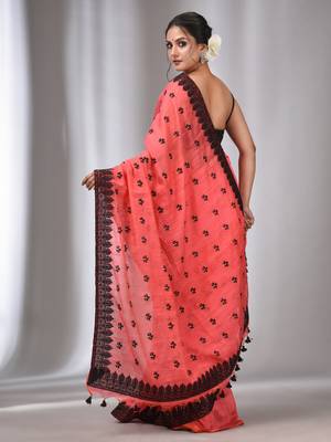 Salmon Red Blended Cotton Handwoven Saree With Flower Motifs 4
