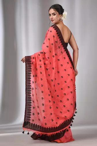 Salmon Red Blended Cotton Handwoven Saree With Flower Motifs