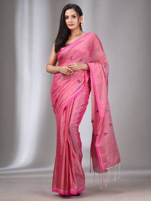 Light Pink Tissue Cotton Handspun Handwoven Soft Saree With Stripes Pallu 1