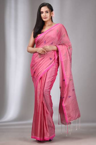 Light Pink Tissue Cotton Handspun Handwoven Soft Saree With Stripes Pallu