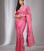 Light Pink Tissue Cotton Handspun Handwoven Soft Saree With Stripes Pallu
